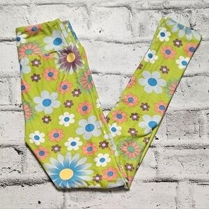 LulaRoe Tween Green with Bright Flower Print Leggings. NWOT